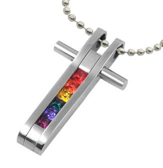 Rainbow CZ Embedded Cross - Christian Gay and Lesbian LGBT Pride Steel Necklace