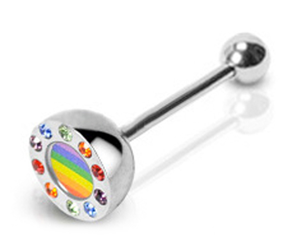 RAINBOW ROUND SHAPE w PINK TRIANGLE CENTER GAY PRIDE SS CZ BELLY BUTTON RING