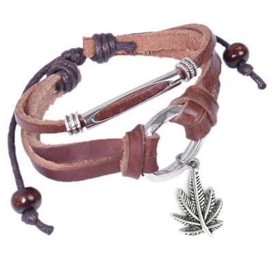 Marijuana Pot Leaf Leather & Copper Knotted Dangle Bracelet (420 / Hemp Pride) Brown
