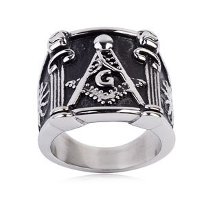 Mason Ring / Masonic Ring Pillar Design - Enamel & Steel Band for Freemasons