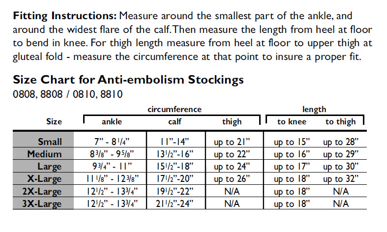 Carolon Anti Embolism Size Chart