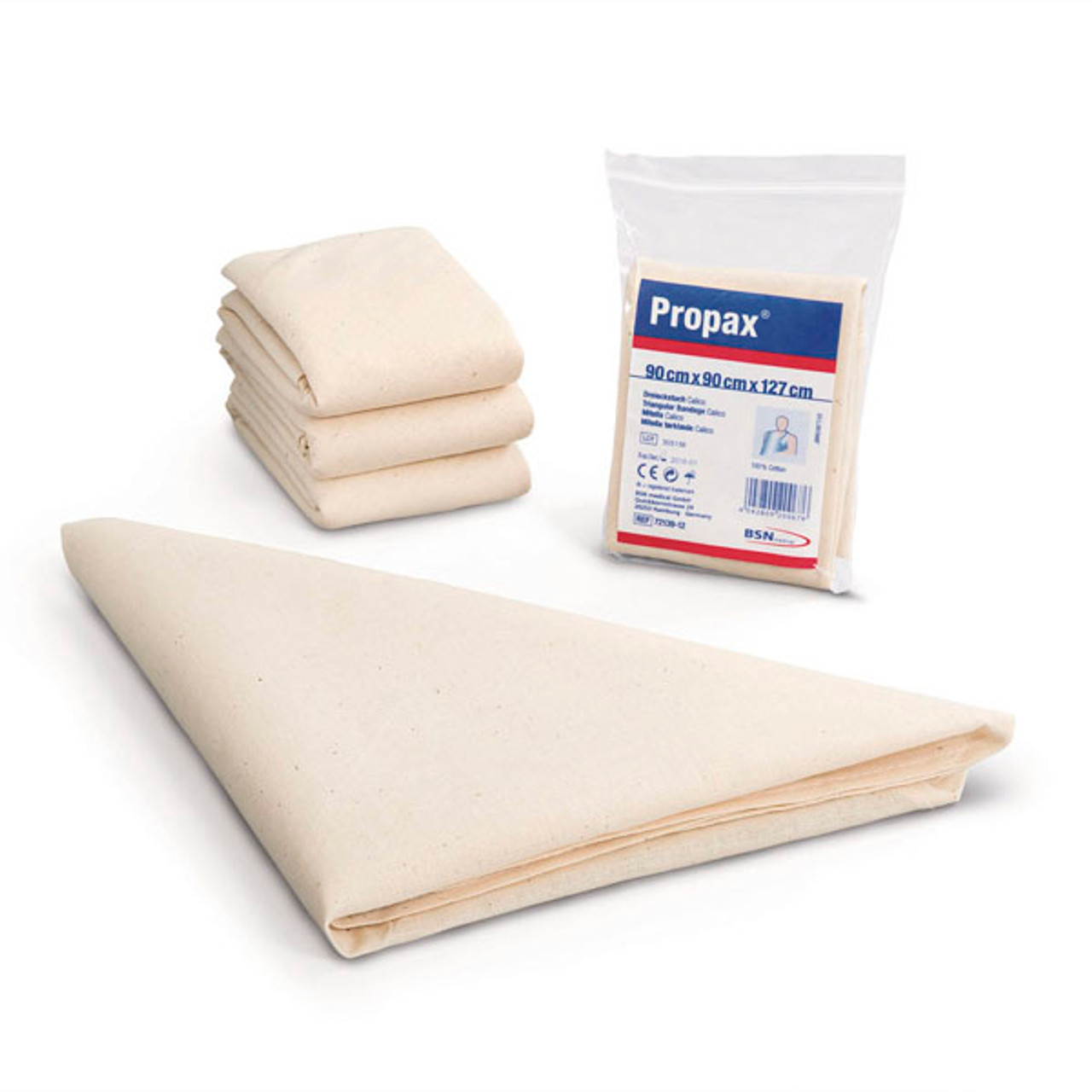 Triangular Bandage non sterile w/ pins for first aid use.