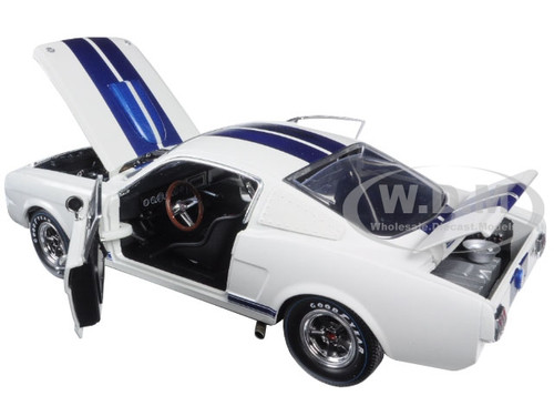 1965 Ford Mustang Shelby GT350R White with Blue Stripes and Printed Carroll  Shelby's Signature on the Roof 1/18 Diecast Model Car by Shelby