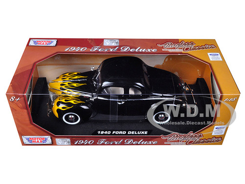 1/18 MotorMax 1940 Ford Deluxe Coupe with Flames Diecast Model Car Black 73108 