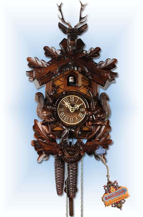 Adolf Herr Buck & Squirrels cuckoo clock 14'' Bavarian Clockworks