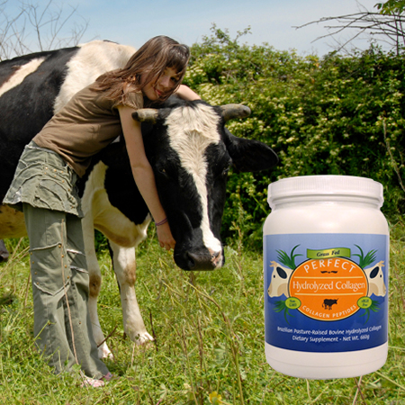 Perfect HydroLyzed Collagen From Brazilian Grass-fed Cows Girl hugging a cow in a grassy field with a bottle of Perfect Hydrolyzed Collagen.