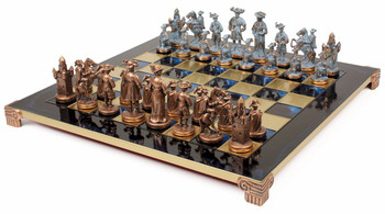 Knights Theme Chess Set Antiqued Blue Copper and Copper Pieces - Blue Board