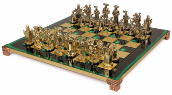 Knights Theme Chess Set Brass and Nickel Pieces - Green Board