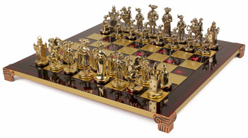 Knights Theme Chess Set Brass and Nickel Pieces - Red Board
