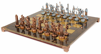 Poseidon Theme Chess Set Antiqued Blue Copper and Copper Pieces - Brown Board