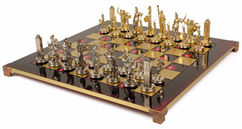 Poseidon Theme Chess Set Brass and Nickel Pieces - Red Board