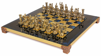 Small Romans Theme Chess Set Brass and Nickel Pieces - Blue Board