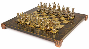 Small Romans Theme Chess Set Brass and Nickel Pieces - Brown Board