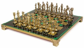 Renaissance Theme Chess Set Brass and Nickel Pieces - Green Board