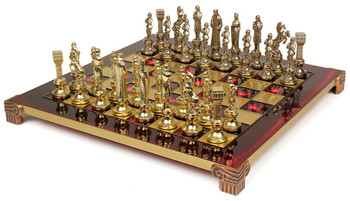 Renaissance Theme Chess Set Brass and Nickel Pieces - Red Board