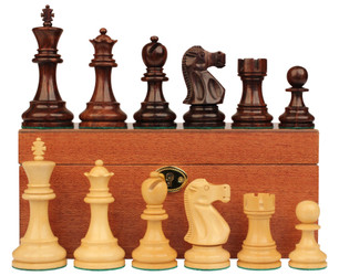 Deluxe Old Club Staunton Chess Set in Rosewood and Boxwood with Mahogany Board and Box - 3.75 King