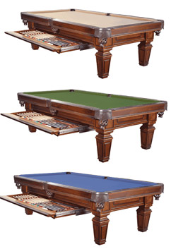  Three Los Angeles Dining Pool Tables with differing felt colors.