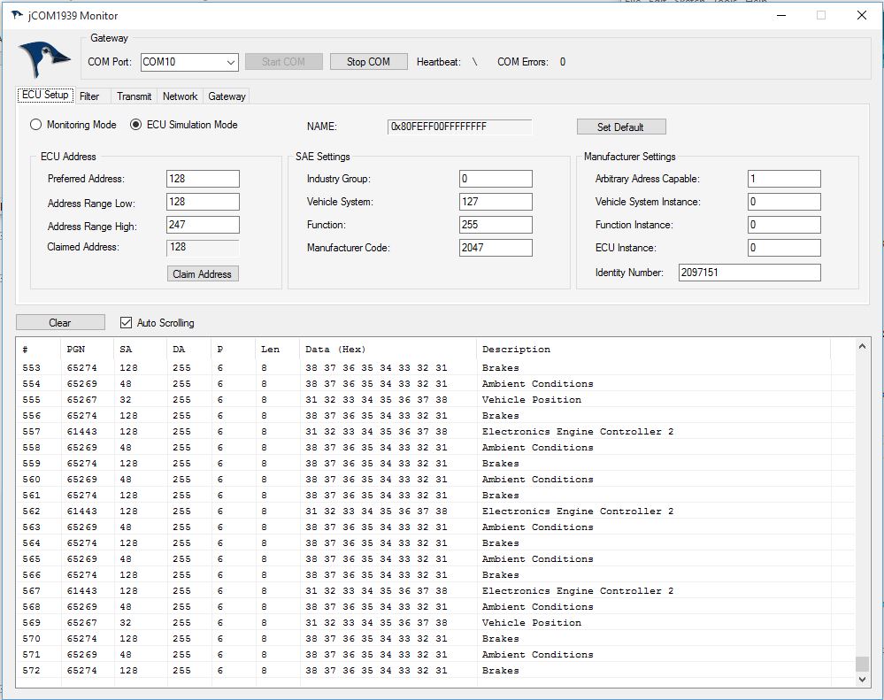 jCOM1939 Monitor - SAE J1939 Monitor, Analyzer, And ECU Simulator