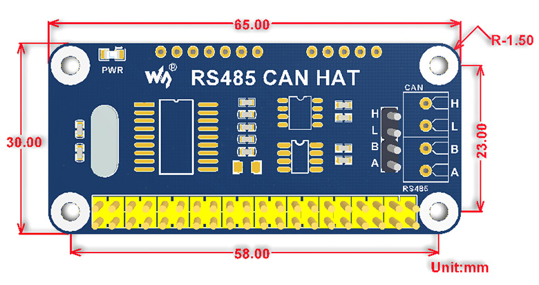 RS485 CAN HAT for Raspberry Pi - Dimensions