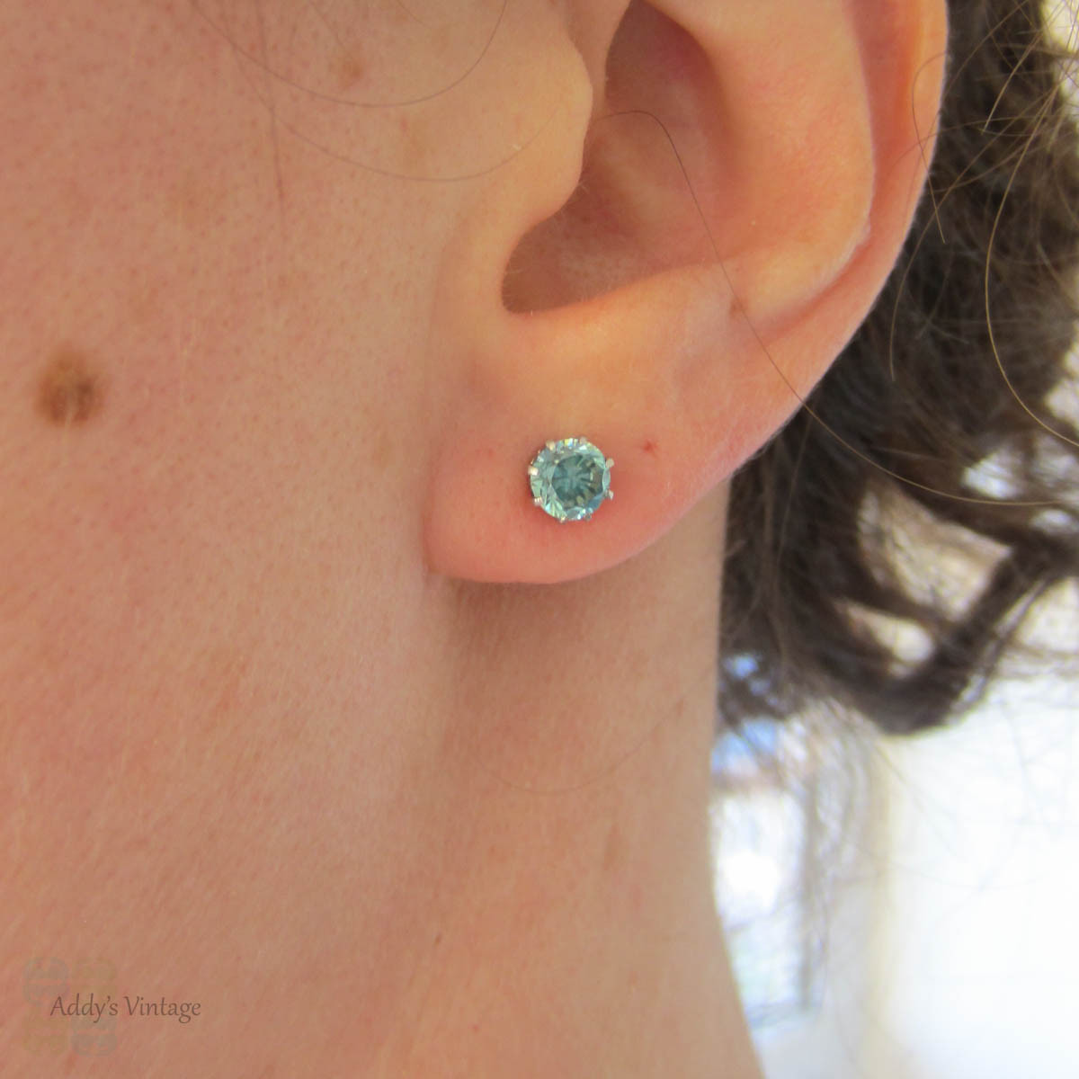 Vintage Blue Zircon Earrings, Greenish Blue Round Cut 5 mm Zircon Stud