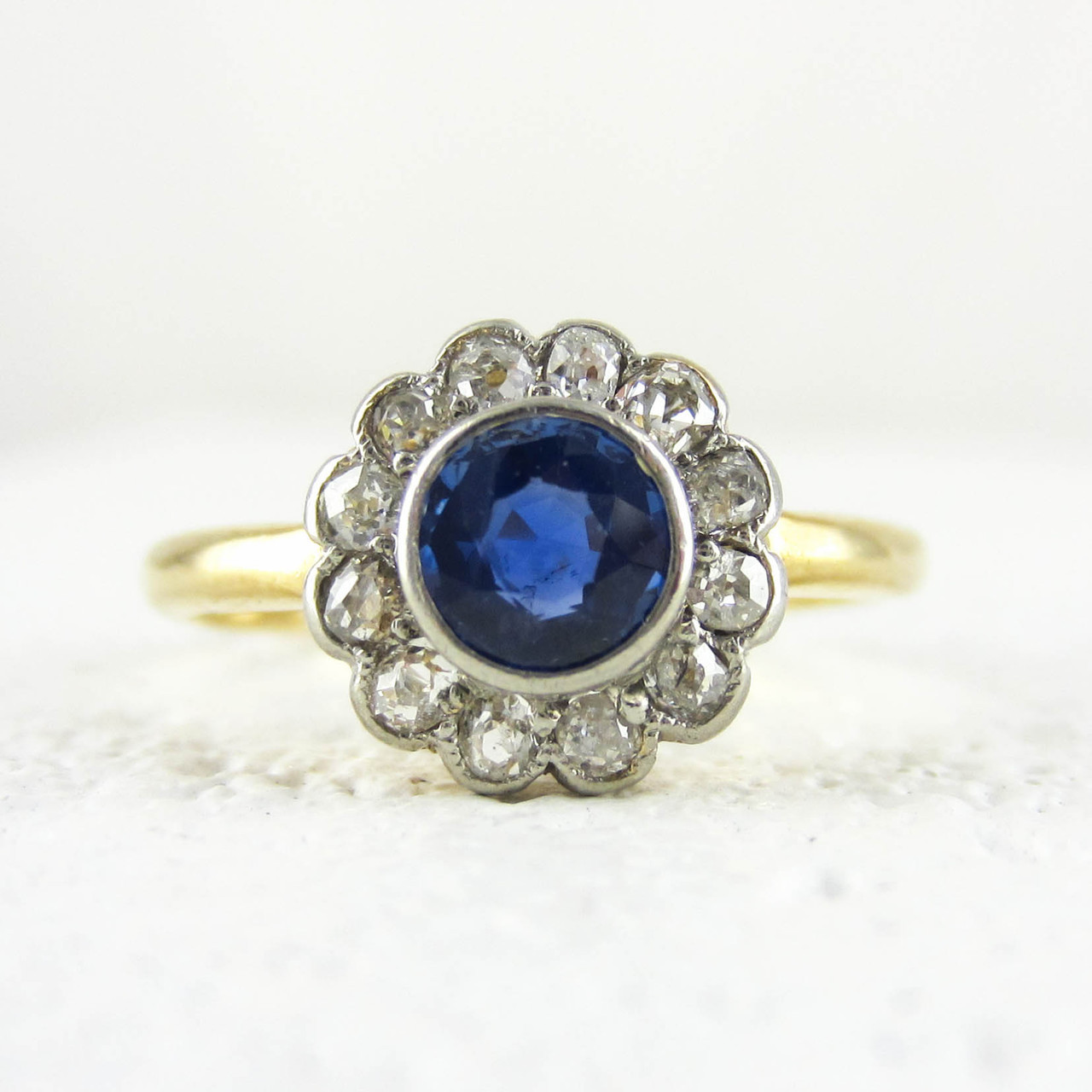 Antique Sapphire & Diamond Engagement Ring, Blue Sapphire with Old Cut ...