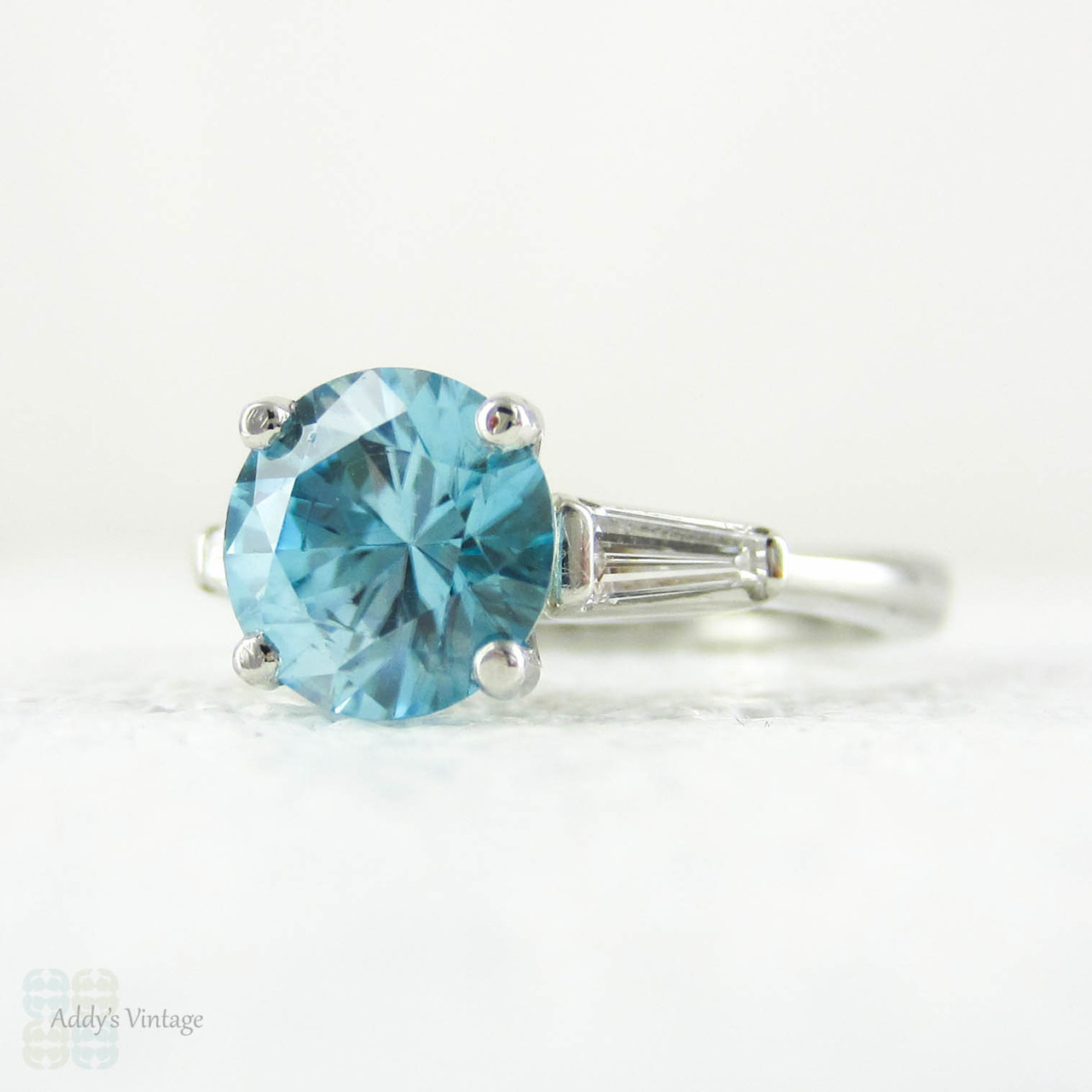 Blue Zircon & Diamond Engagement Ring, Round Blue Zircon with Tapered