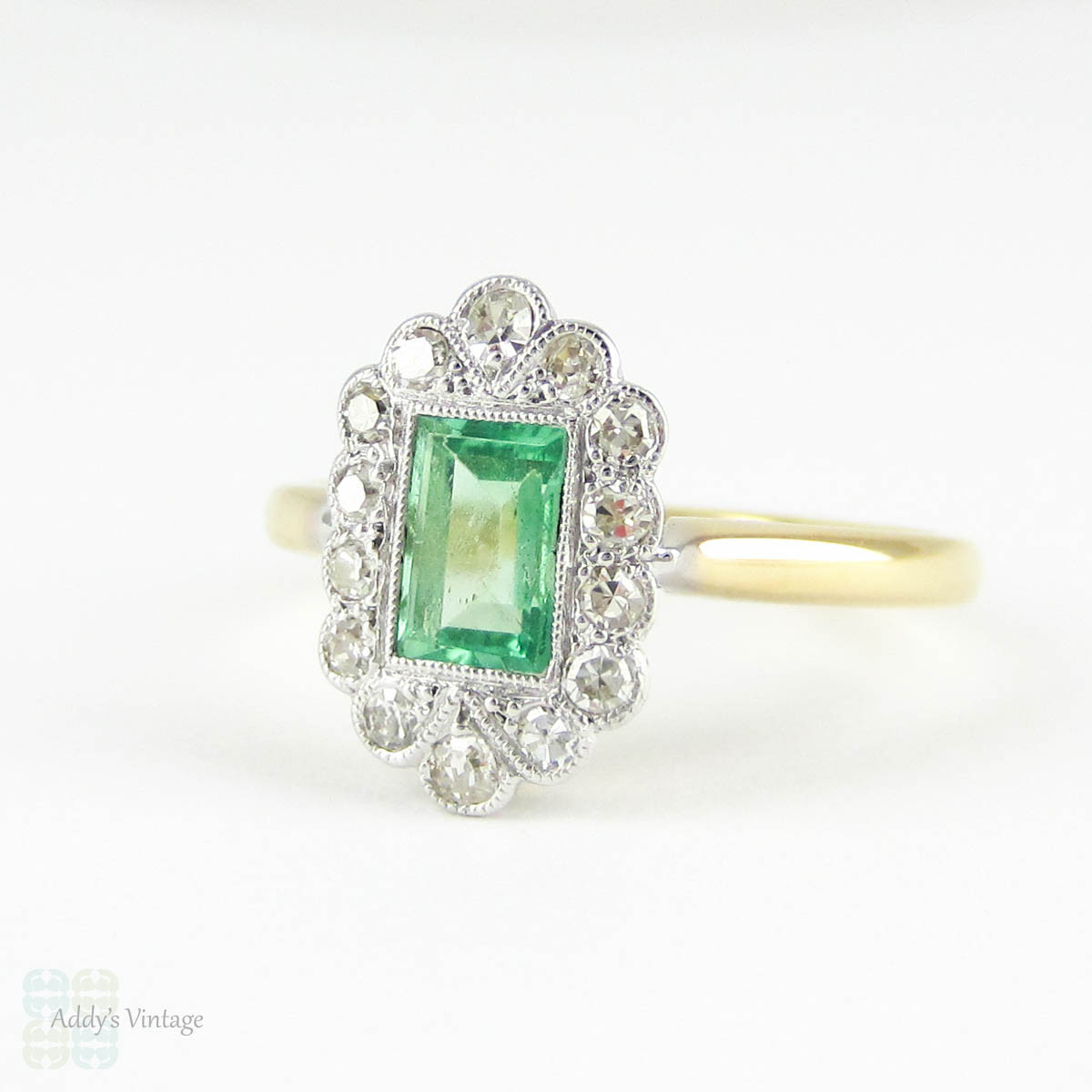 Art Deco Emerald & Diamond Engagement Ring. Light Green Emerald Cut