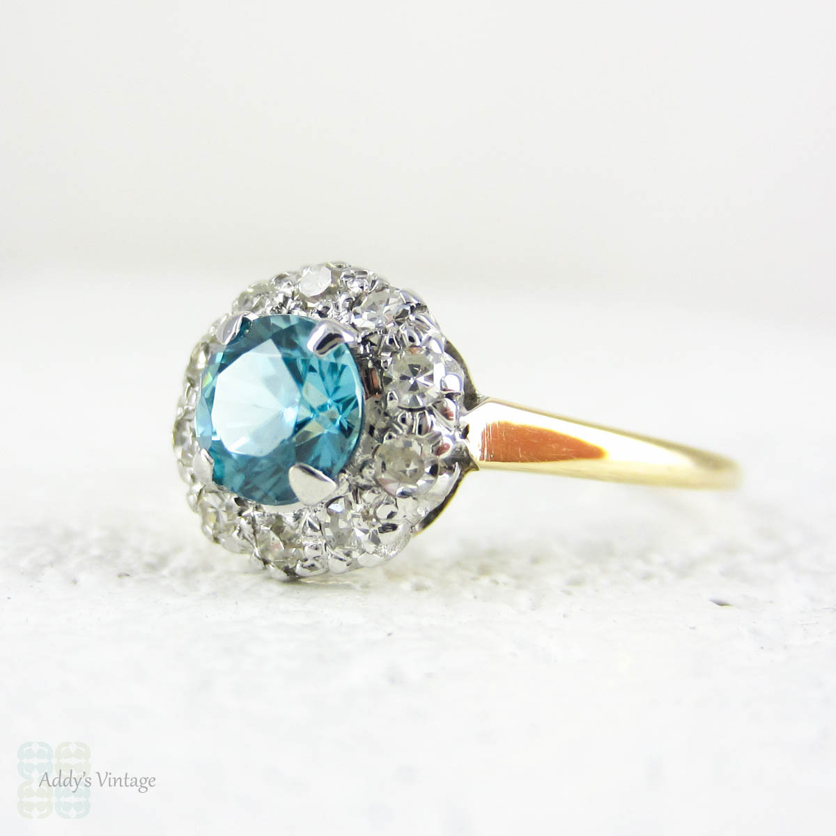 Vintage 1940s Blue Zircon Ring with Diamond Halo, Retro Blue Zircon