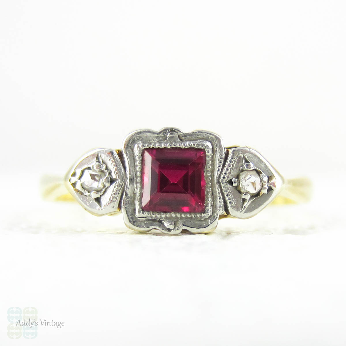 Art Deco Ruby & Diamond Three Stone Ring, Snythetic Square Ruby with