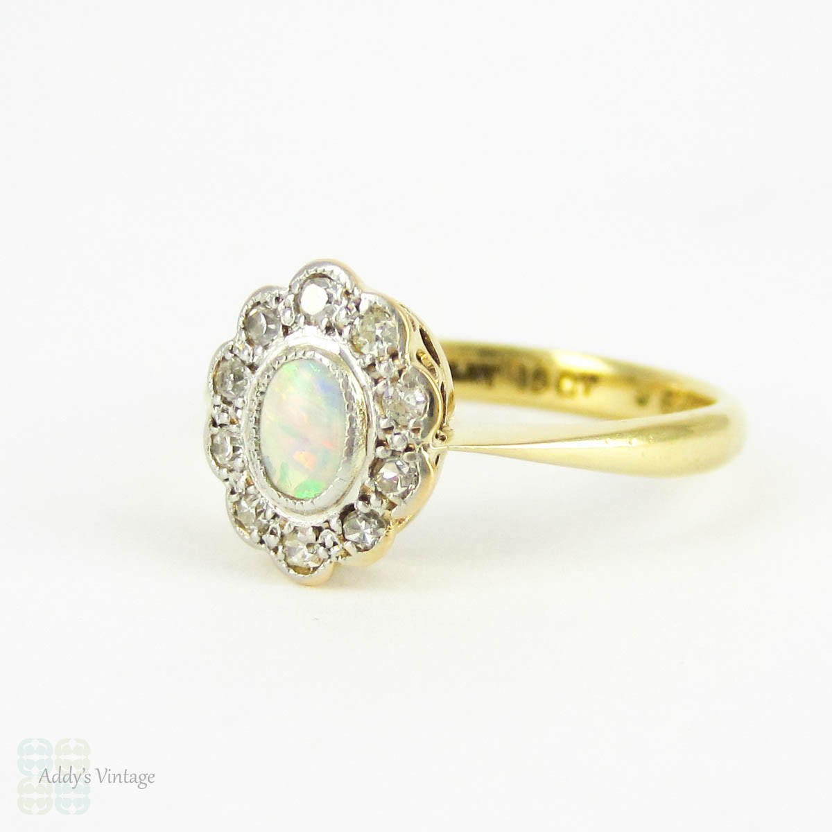Vintage Opal & Diamond Engagement Ring, Cabochon Cut Opal wtih