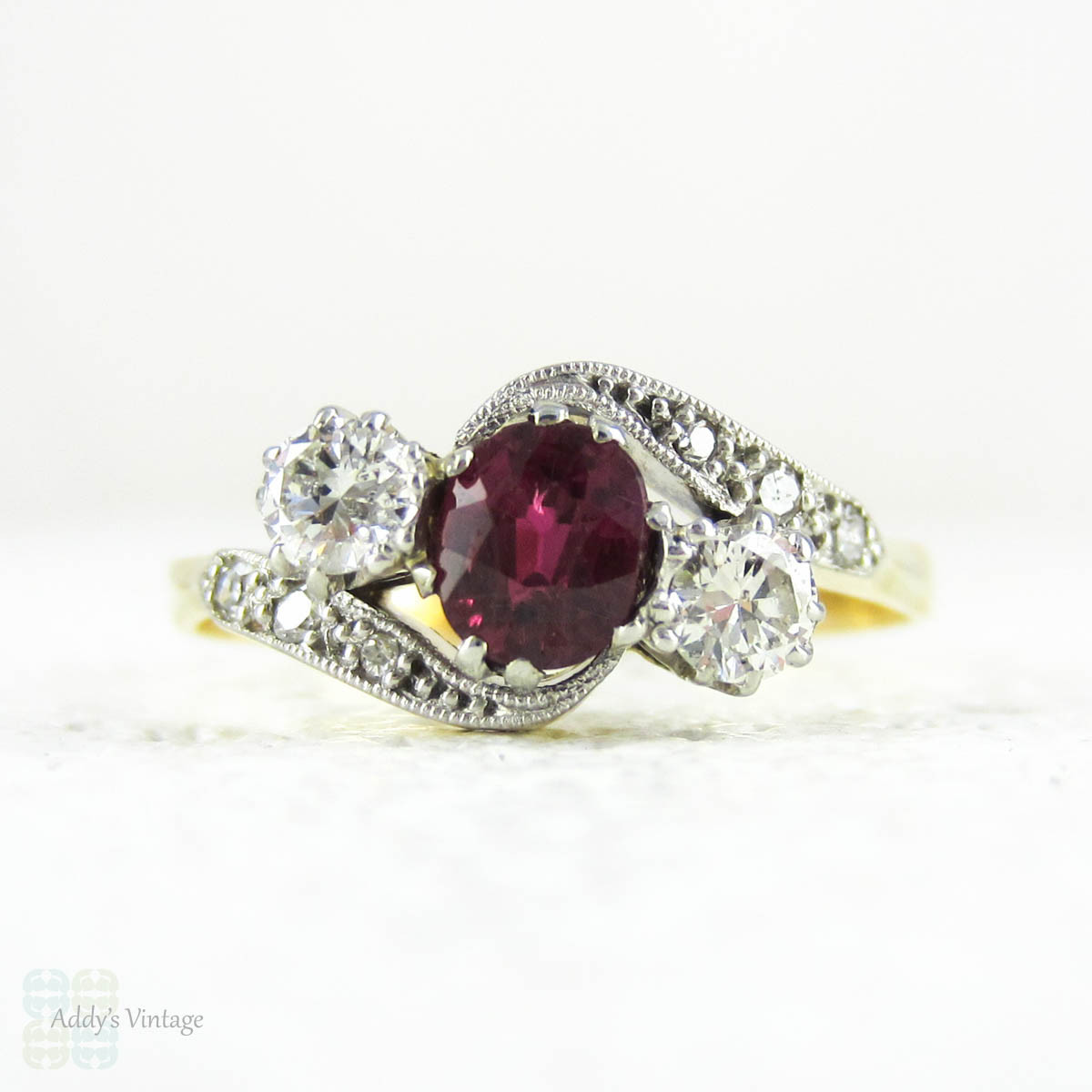 Vintage Ruby & Diamond Engagement Ring, Trilogy Ring in Bypass Twist