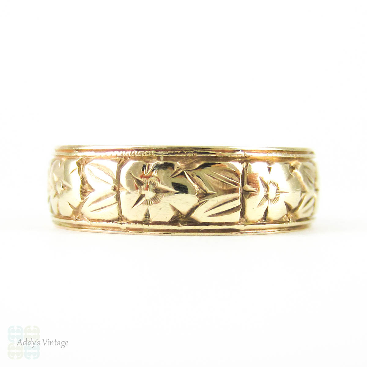 Antique 9ct Orange Blossom Wedding Ring, Engraved Flower Design Wedding