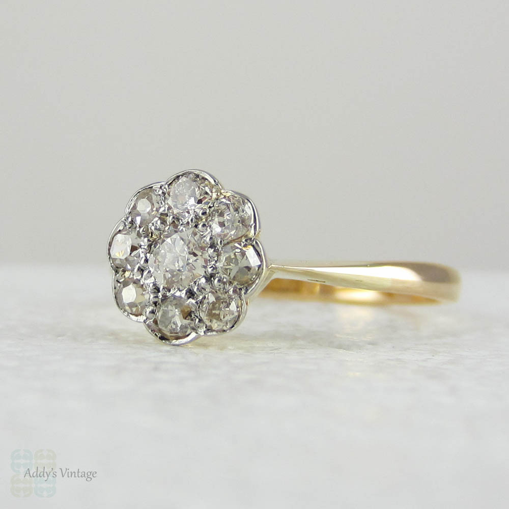 Antique Old Mine Cut Diamond Daisy Cluster Engagement Ring. Large Miner