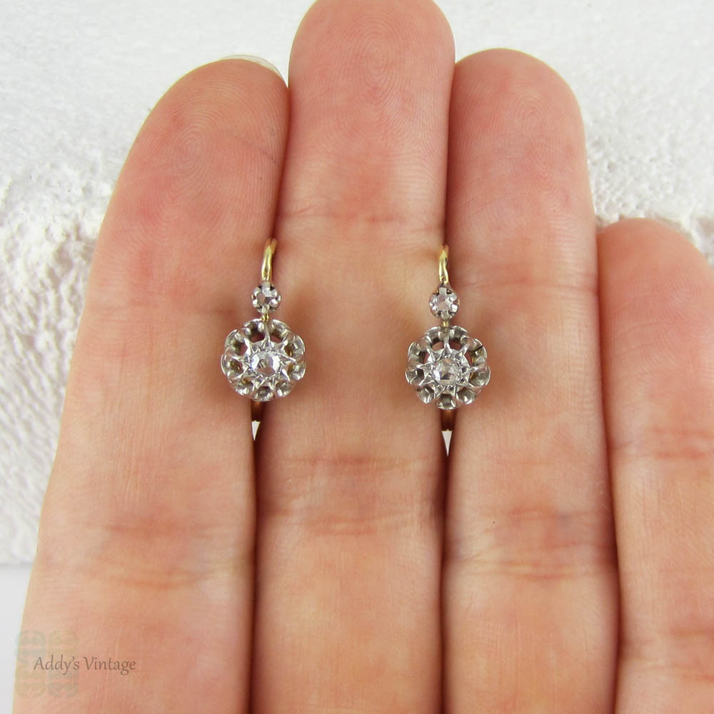 Antique French Diamond Drop Earrings. Rose Cut Diamonds in Platinum