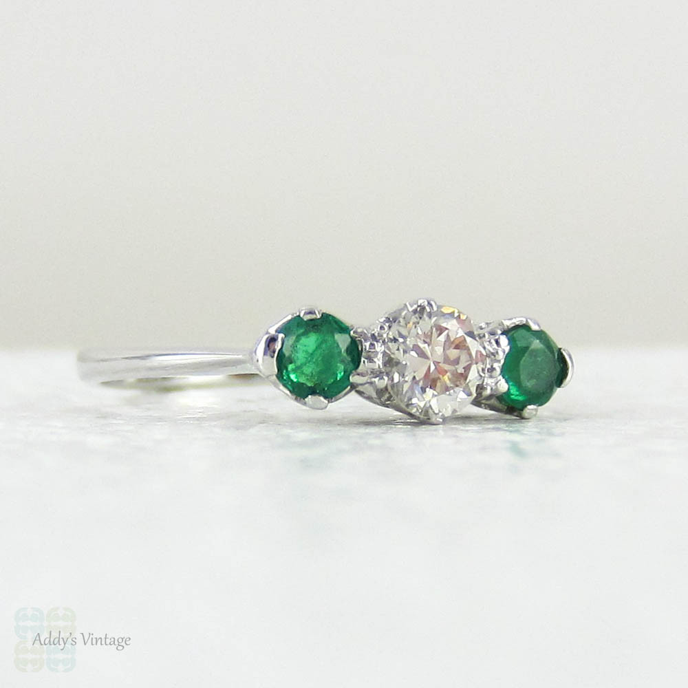 European Diamond & Light Green Emerald Engagement Ring. Antique Trilogy