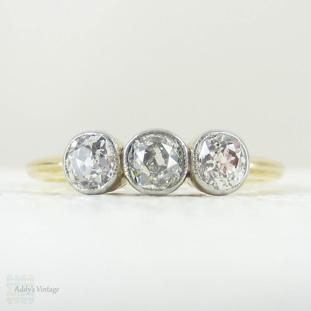 Old Mine Cut Diamond Engagement Ring, Three Stone Bezel Set Trilogy