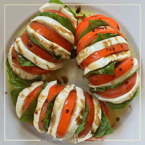 Hasselback Tomato Caprese with Ancient Olive Trees Balsamic Vinegar and Olive Oil | James Anthony Collection