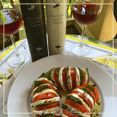 Hasselback Tomato Caprese with Ancient Olive Trees Balsamic Vinegar and Olive Oil | James Anthony Collection