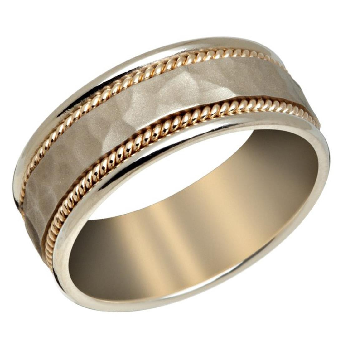 Mens 8 Mm White Gold Band With Satin Hammered Finish Center And Mens 8 Mm White Gold Band With Satin Hammered Finish Center And Yellow Milgrain Detailing P 038