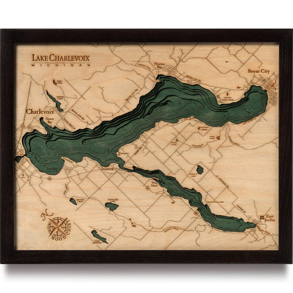 Lake Charlevoix Wooden Map Art | Topographic 3D Chart