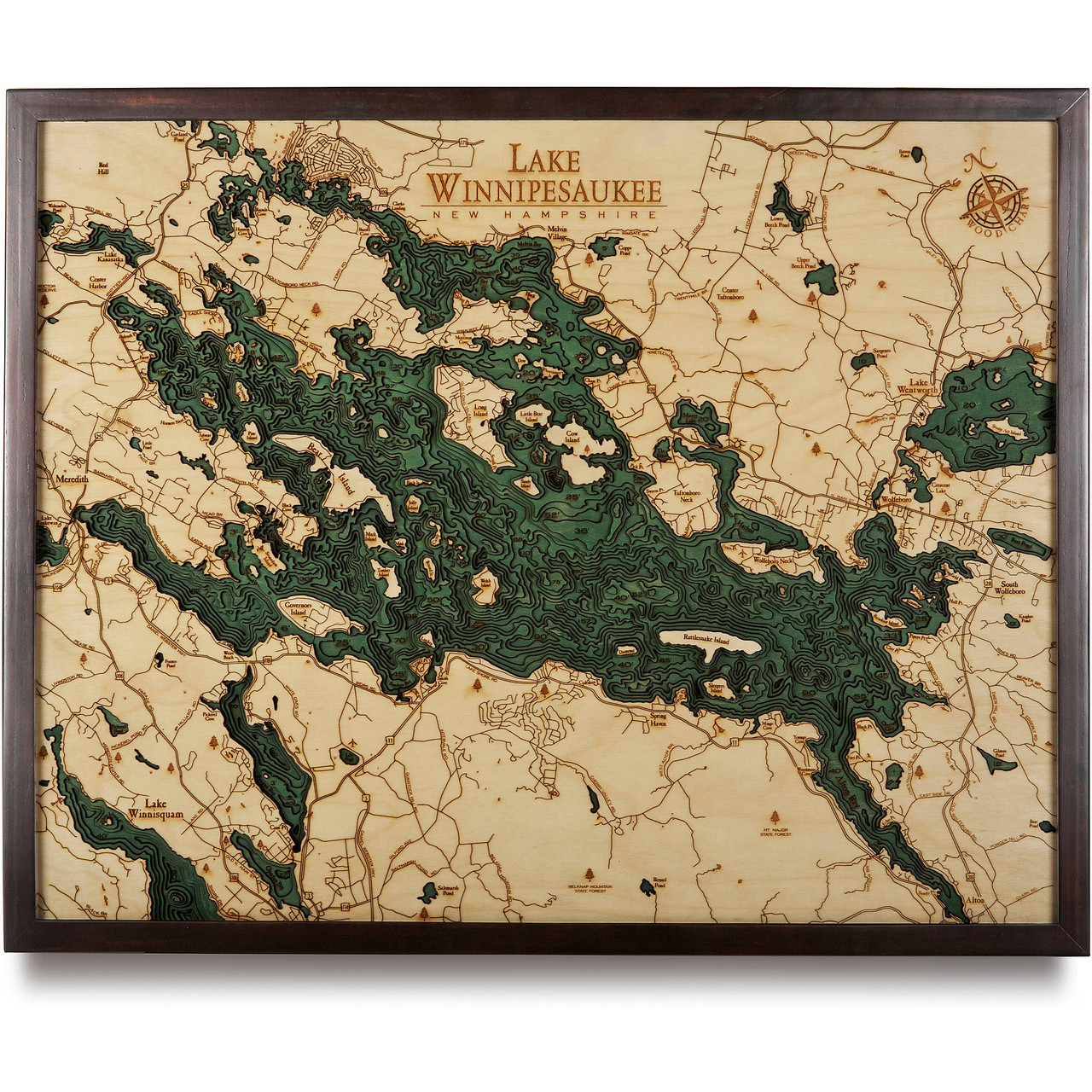 Lake Winnipesaukee Wooden Map Art | Topographic 3D Chart