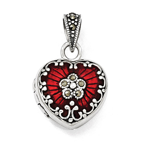 Red Enamel & Marcasite Heart Locket Sterling Silver QP1291