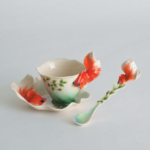 Franz Porcelain Goldfish Cup Saucer Spoon Set FZ00426