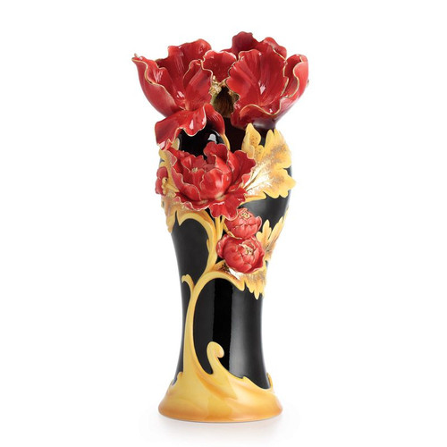 Franz Porcelain Striking Vermillion Peony Vase With Wooden Base Limited Edition 2000 FZ02516