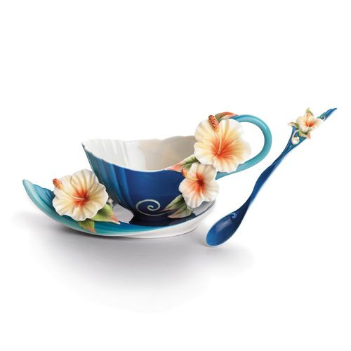 Franz Porcelain Tropical Beauty Hibiscus Flower Cup Saucer Spoon Set FZ01779