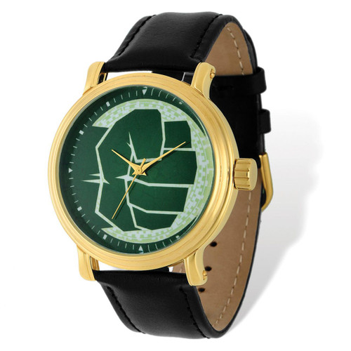 Marvel Hulk Black Leather Band Gold-tone Watch Adult Size MPN: XWA4980