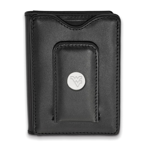 West Virginia University Black Leather Wallet Sterling Silver on Leather SS013WVU-W1