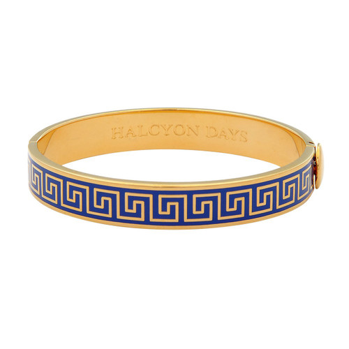 Halcyon Days Greek key Deep Cobalt Gold 1cm Hinged Bangle