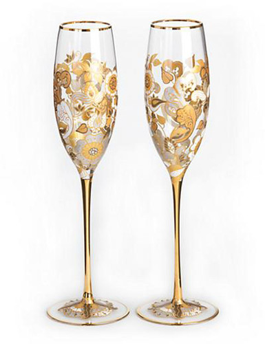 Jay Strongwater Isabelle Platinum Floral Vine Champagne Glasses Set of Two
