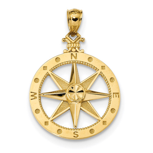Satin Compass Pendant 14k Gold Diamond-cut Polished K6097
